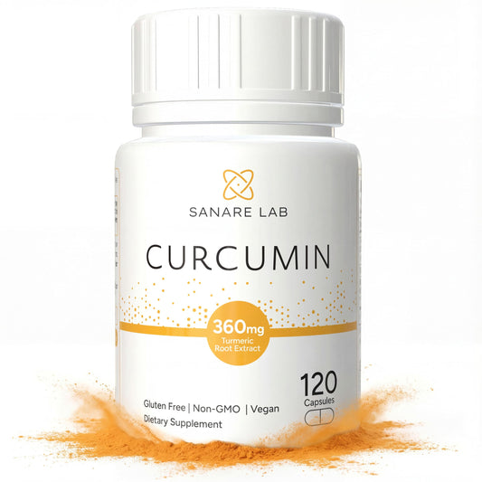 Sanare Lab Curcumin bottle front view highlighting 360 mg per serving for daily wellness