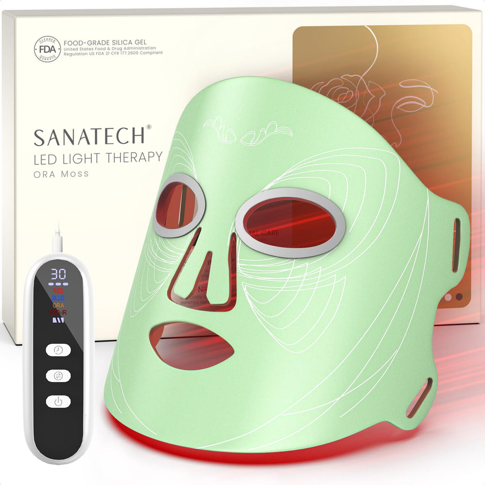 SanaTech LED Light Therapy Mask on the face with 400 LEDs for multi-mode skin treatment.