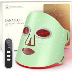 SanaTech LED Light Therapy Mask on the face with 400 LEDs for multi-mode skin treatment.