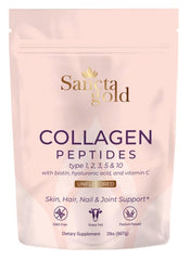 Sancta Gold Multi Collagen Powder bottle close-up for skin and nails support.