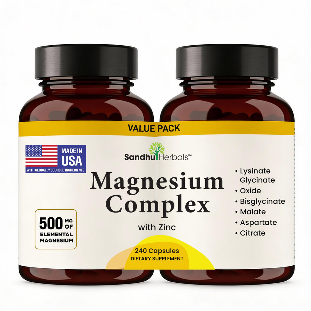 SANDHUHERBALS Complete Magnesium bottle-front view supports a calming nighttime routine.