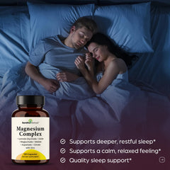 SANDHUHERBALS Complete Magnesium night-stand scene suggests a calm evening routine.