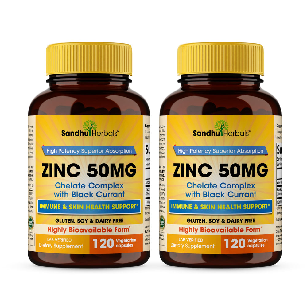 Sandhu Herbals Zinc 50mg capsules bottle shown for daily immune support.