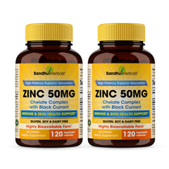 Sandhu Herbals Zinc 50mg capsules bottle shown for daily immune support.