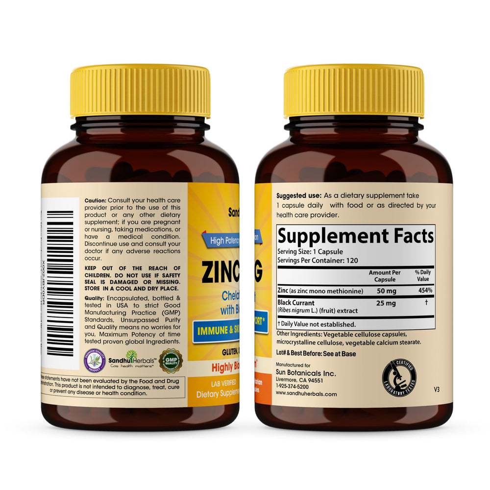 Sandhu Herbals Zinc 50mg capsules closeup highlighting capsule details.