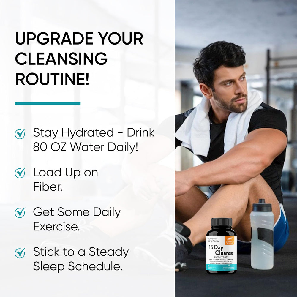 Sandhu's 15 Day Gut Cleanse capsules row showing 30-count supply.