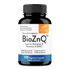 Sandhu's BioZnq bottle closeup for daily zinc supplementation with natural ionophores.