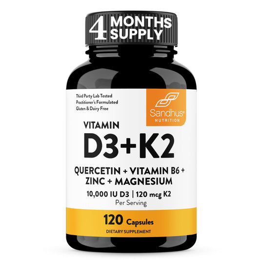 Sandhu's vitamin D3 K2 magnesium bottle showing 10000 IU D3 for daily energy support.
