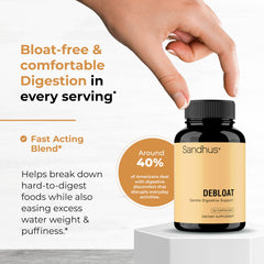 Close-up of Sandhu's Debloat capsules designed for easy swallowing.