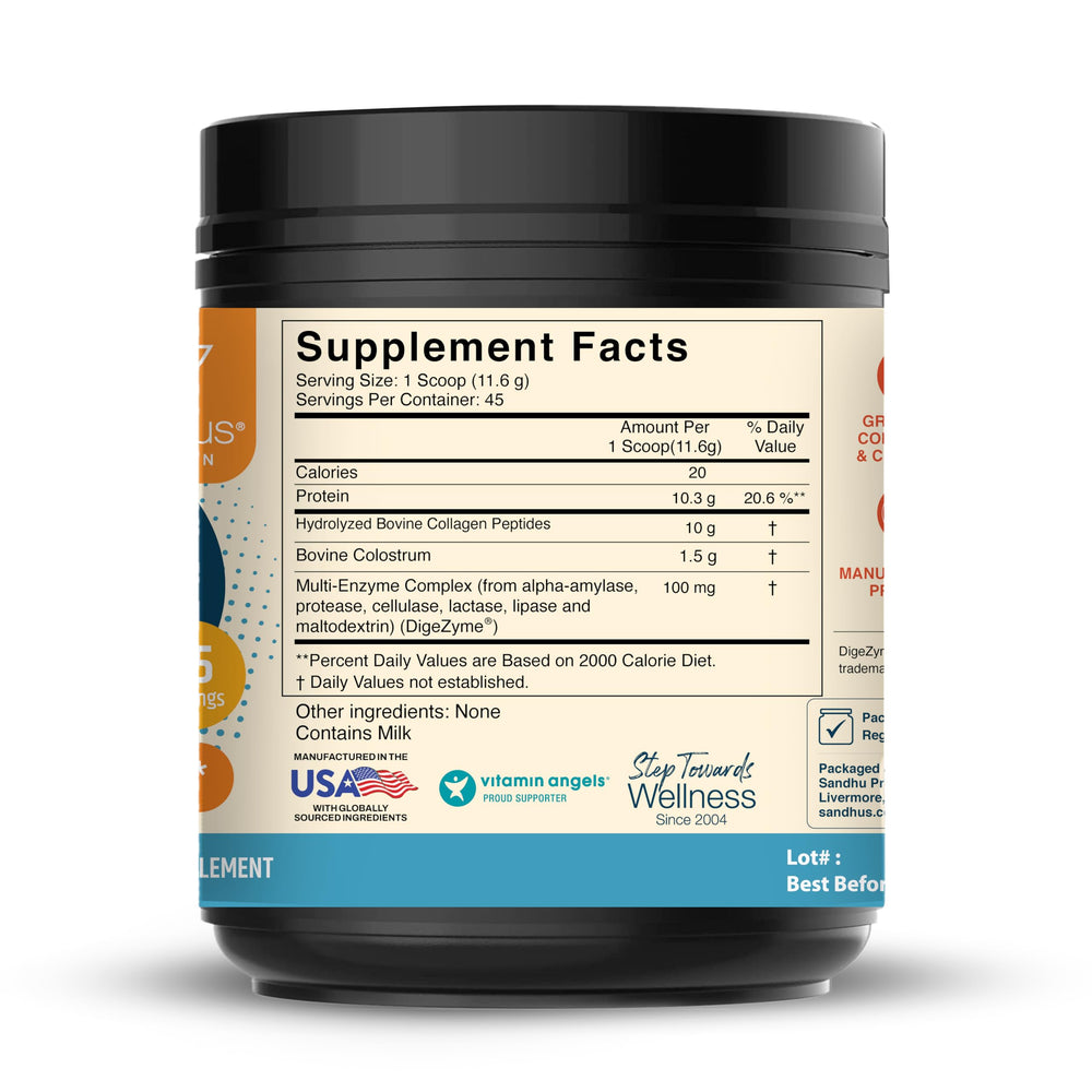 Sandhu's digestive enzymes blend container emphasizes digestion support.