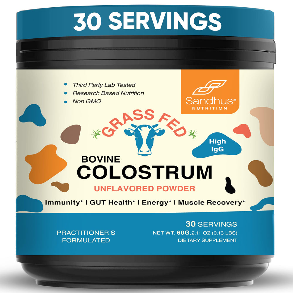 Sandhu's grass-fed bovine colostrum powder bottle for immune and gut health.