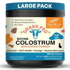 Sandhu's grass-fed colostrum powder bottle shown for everyday immune and gut support.