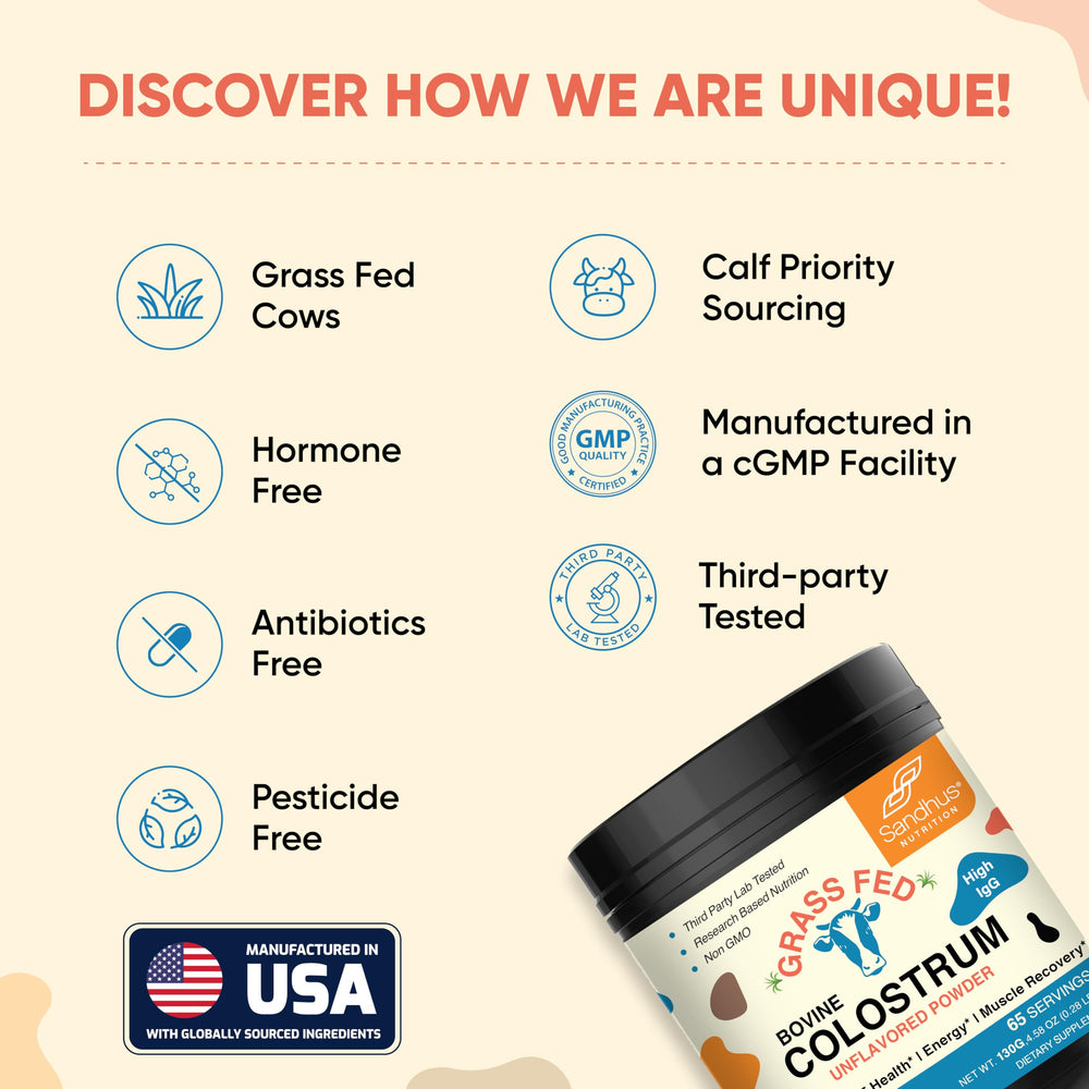 Sandhu's gut-health colostrum powder serving showing daily use option.