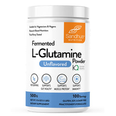Sandhu's L-Glutamine powder bottle on a counter for daily gut health