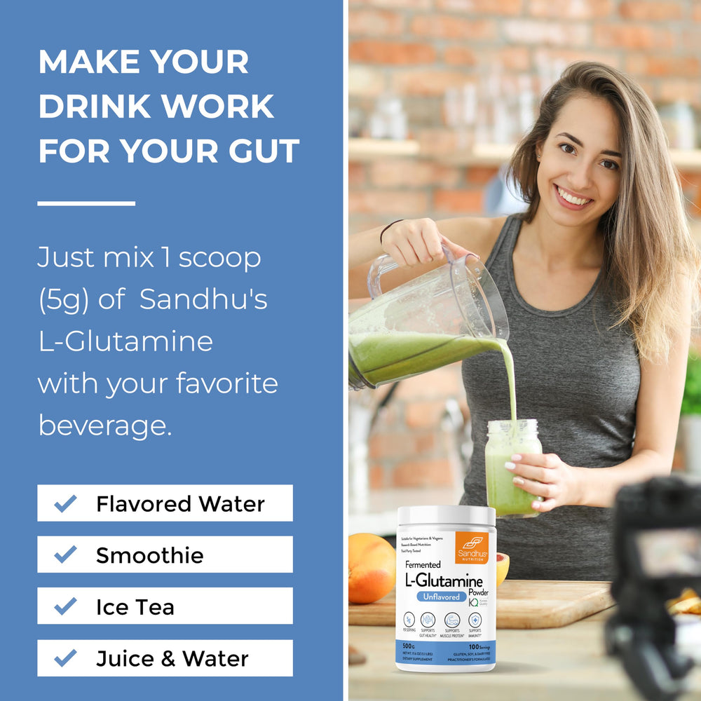 Sandhu's L-Glutamine label close-up with non-GMO and USA-made credentials