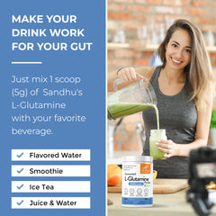 Sandhu's L-Glutamine label close-up with non-GMO and USA-made credentials