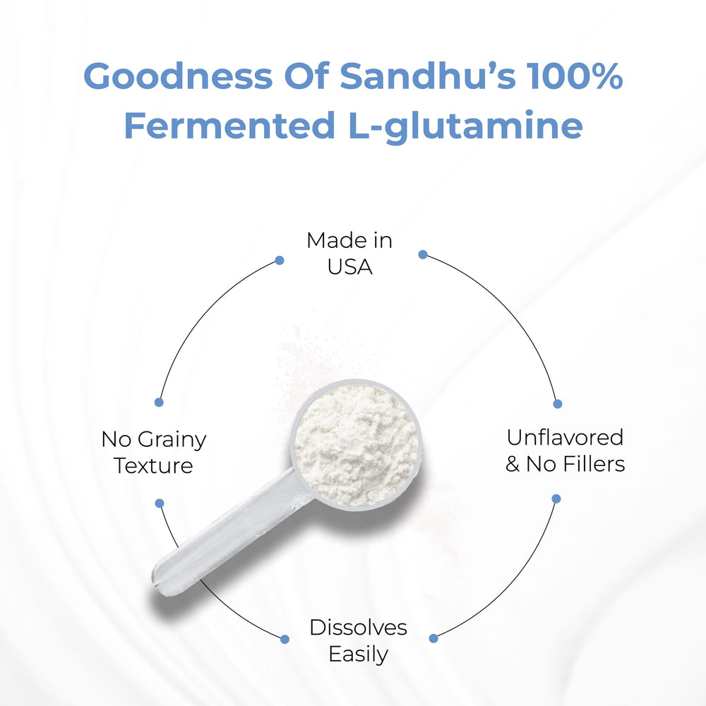 Sandhu's L-Glutamine powder tub with scoop for smoothies
