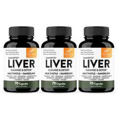 Sandhu's Liver Cleanse capsules bottle on a kitchen counter for daily liver health support