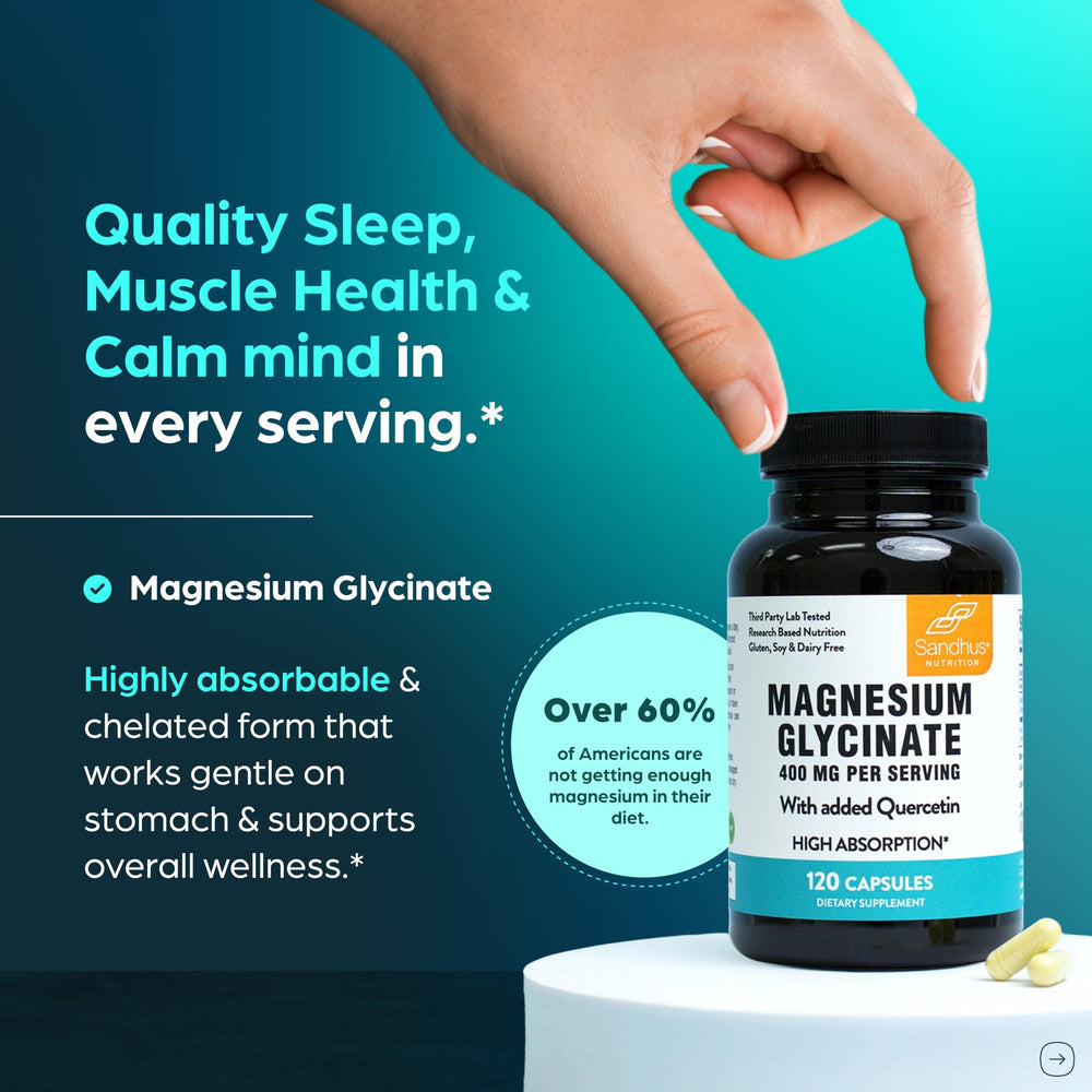 Close-up of Sandhu's capsules highlighting easy absorption chelated magnesium.