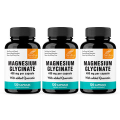 Sandhu's Magnesium Glycinate 400mg bottle with capsules for evening relaxation.
