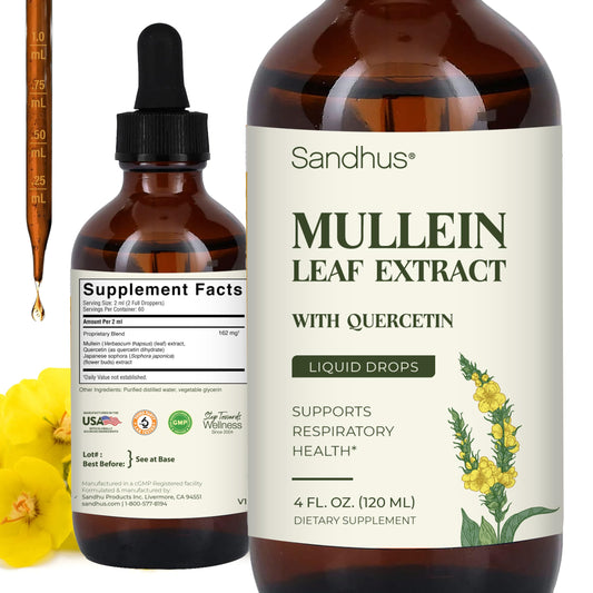 Sandhu's Mullein Drops bottle closeup for easy daily dosing