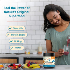 Sandhu's pure bovine colostrum powder jar for unflavored supplementation.