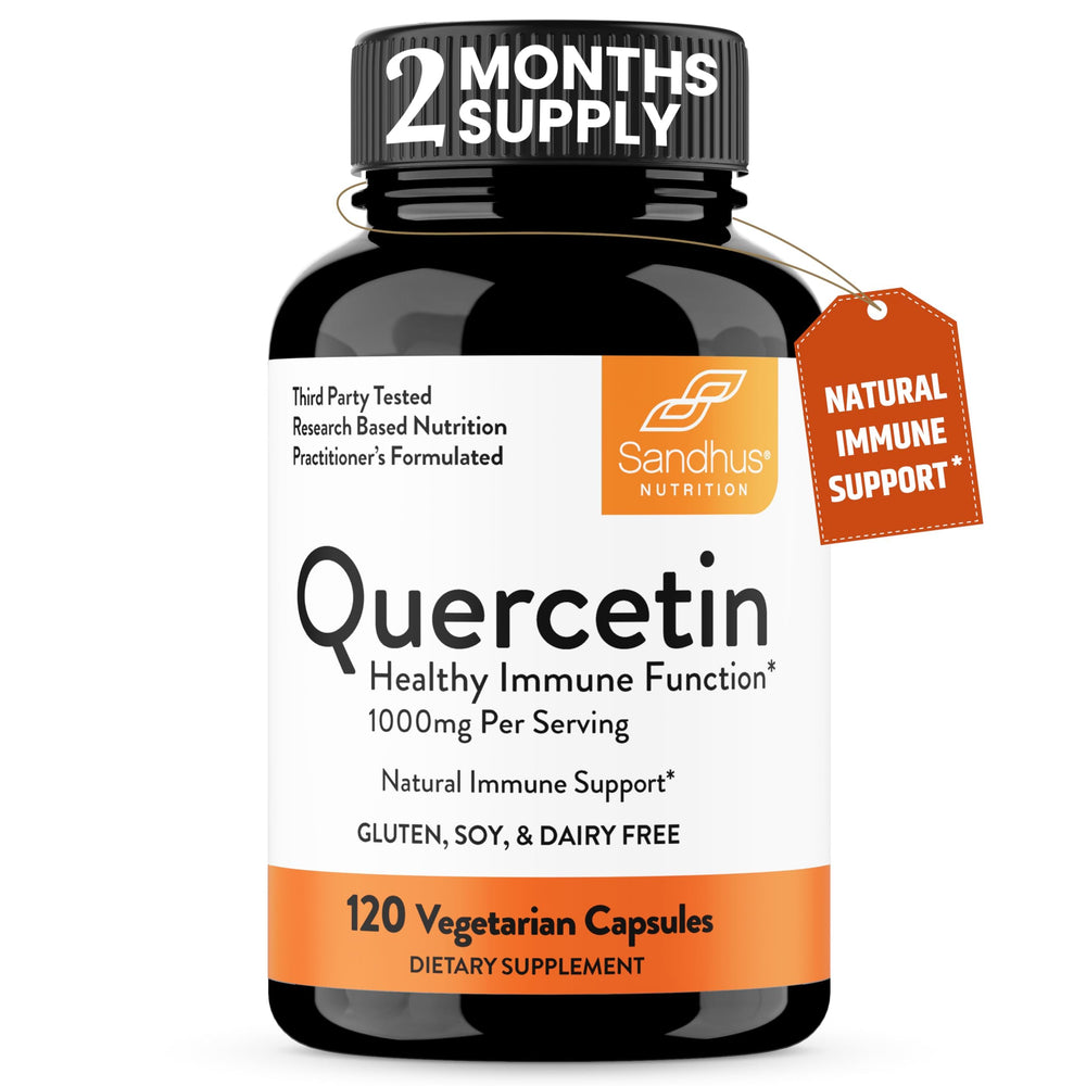 Sandhu's Quercetin bottle front view highlighting daily immune support potential.