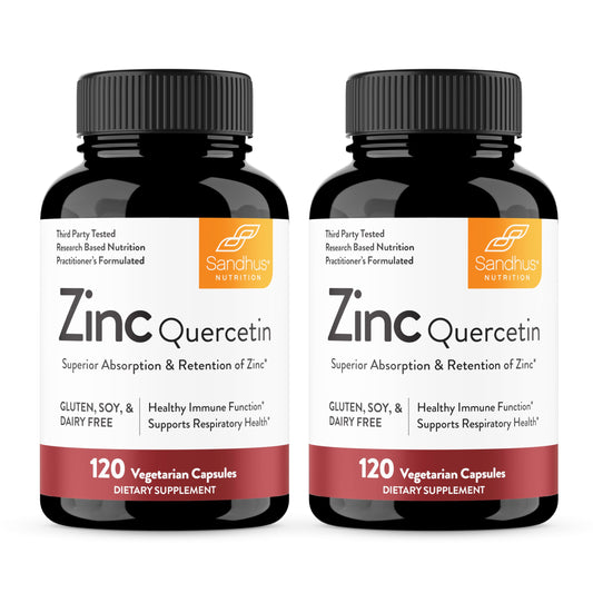 Sandhu's Zinc Quercetin bottle cap close-up showing easy-to-swallow capsules for daily immune support