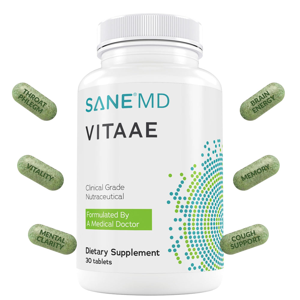 SANE MD Vitaae bottle and capsules show a neuro-supporting formula.