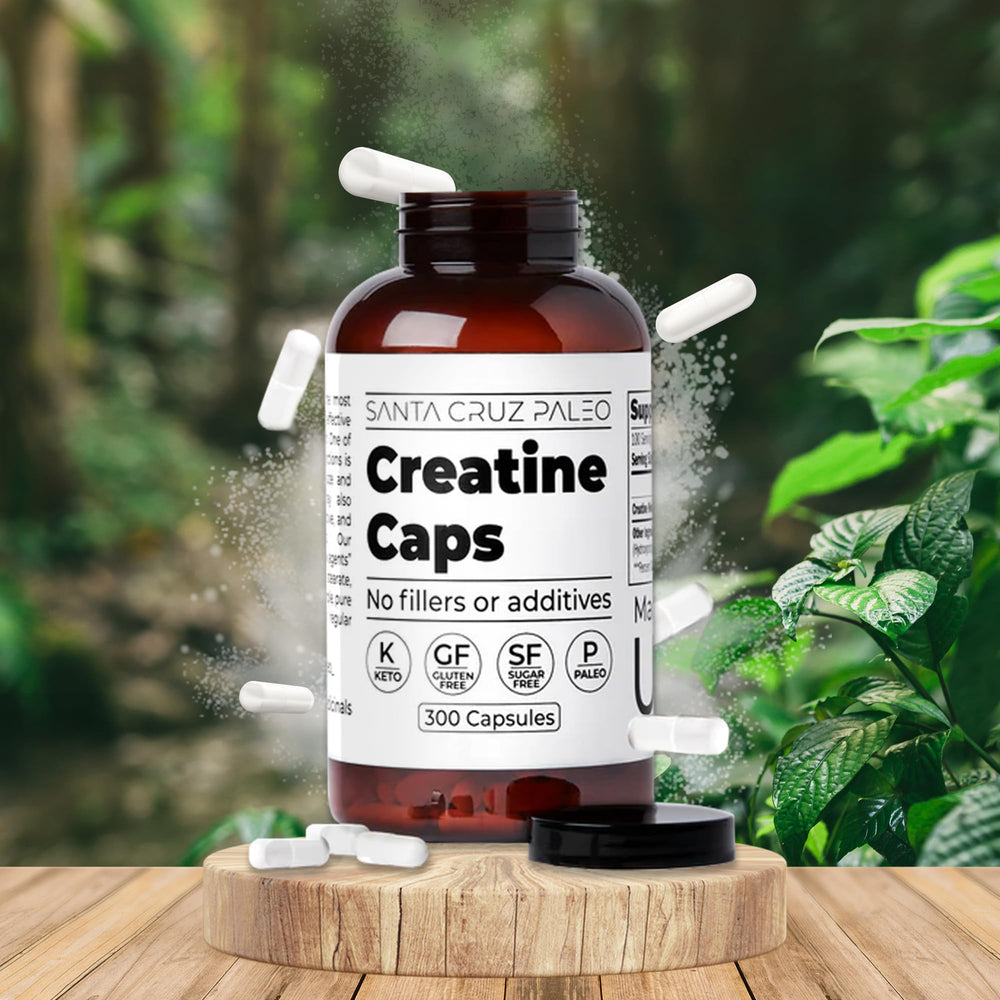 Paleo-friendly, sugar-free details on Santa Cruz Paleo Creatine Capsules packaging