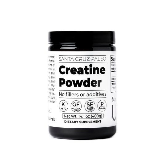Santa Cruz Paleo creatine monohydrate powder jar front for daily workouts.