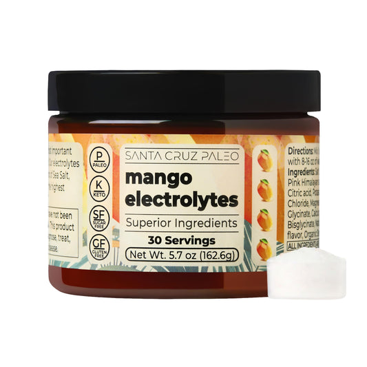 Santa Cruz Paleo Electrolyte Mango bottle pouring for refreshing hydration.