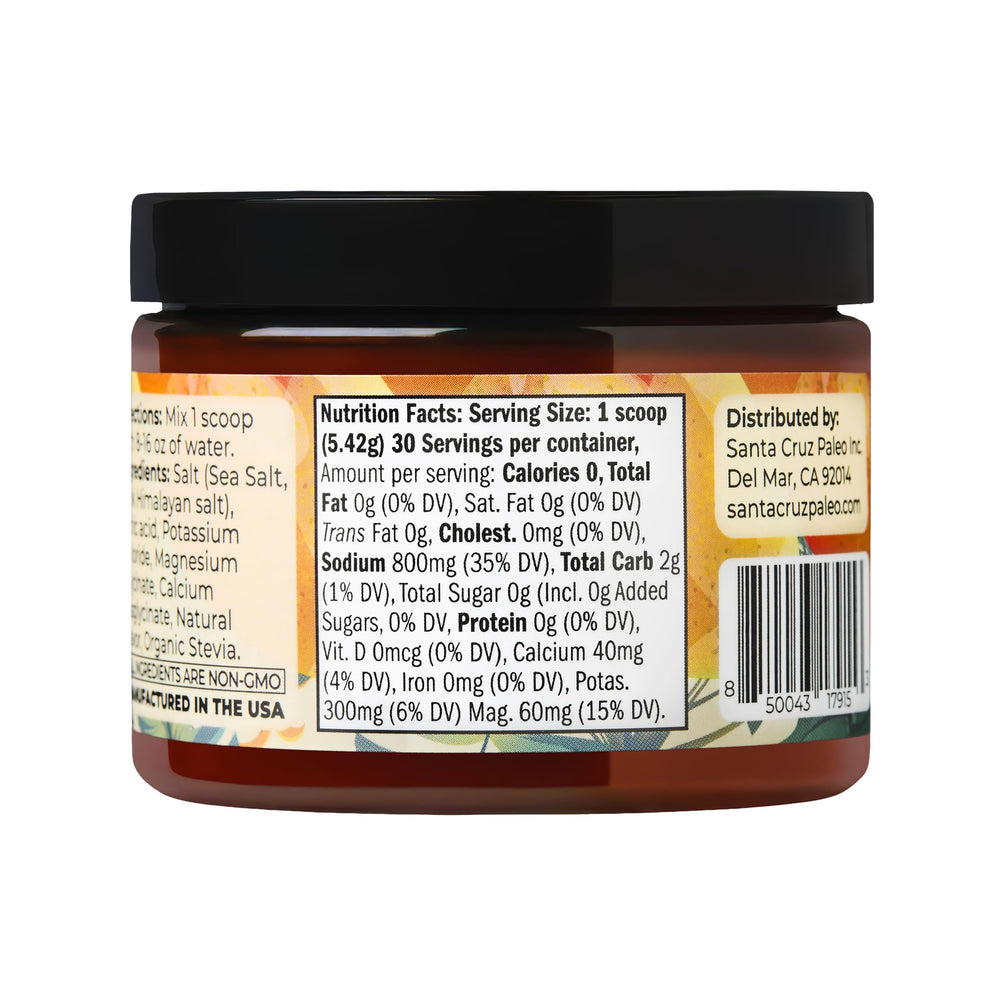 Santa Cruz Paleo Electrolyte Mango close-up label emphasizing sugar-free formula.