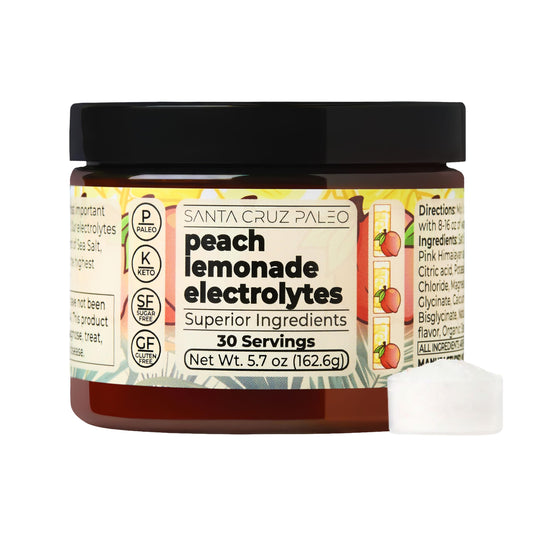 Santa Cruz Paleo Electrolyte Peach Lemonade bottle, refreshing sugar-free hydration on the go.