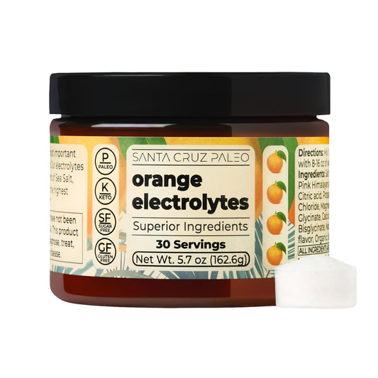 Santa Cruz Paleo Electrolyte Powder orange tub for sugar-free hydration.