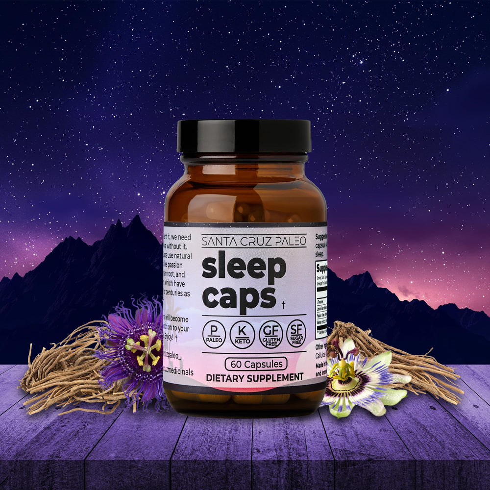 Front view of Santa Cruz Paleo Sleep Caps bottle showing clean branding