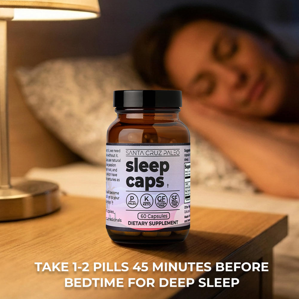 Ingredients chart for Santa Cruz Paleo Sleep Caps with L-Theanine and botanicals