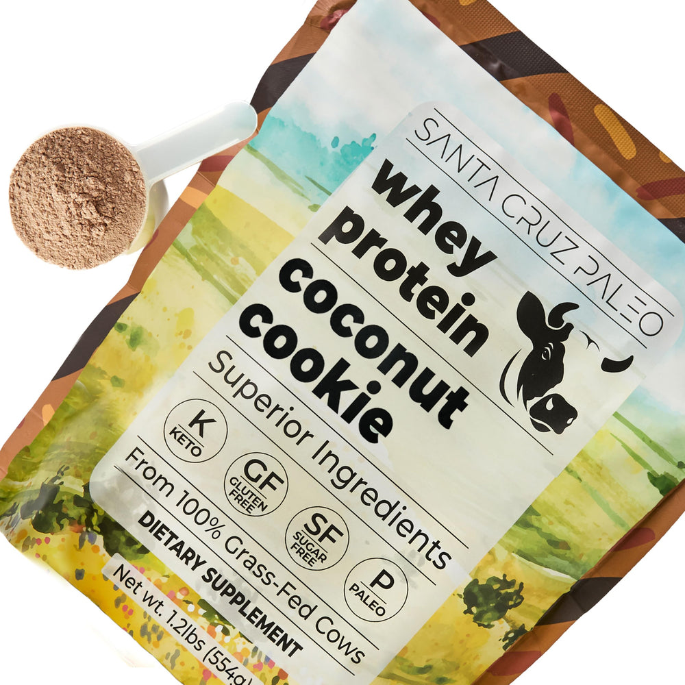 Gluten-free and keto-friendly Santa Cruz Paleo Whey Protein Coconut Cookie label.