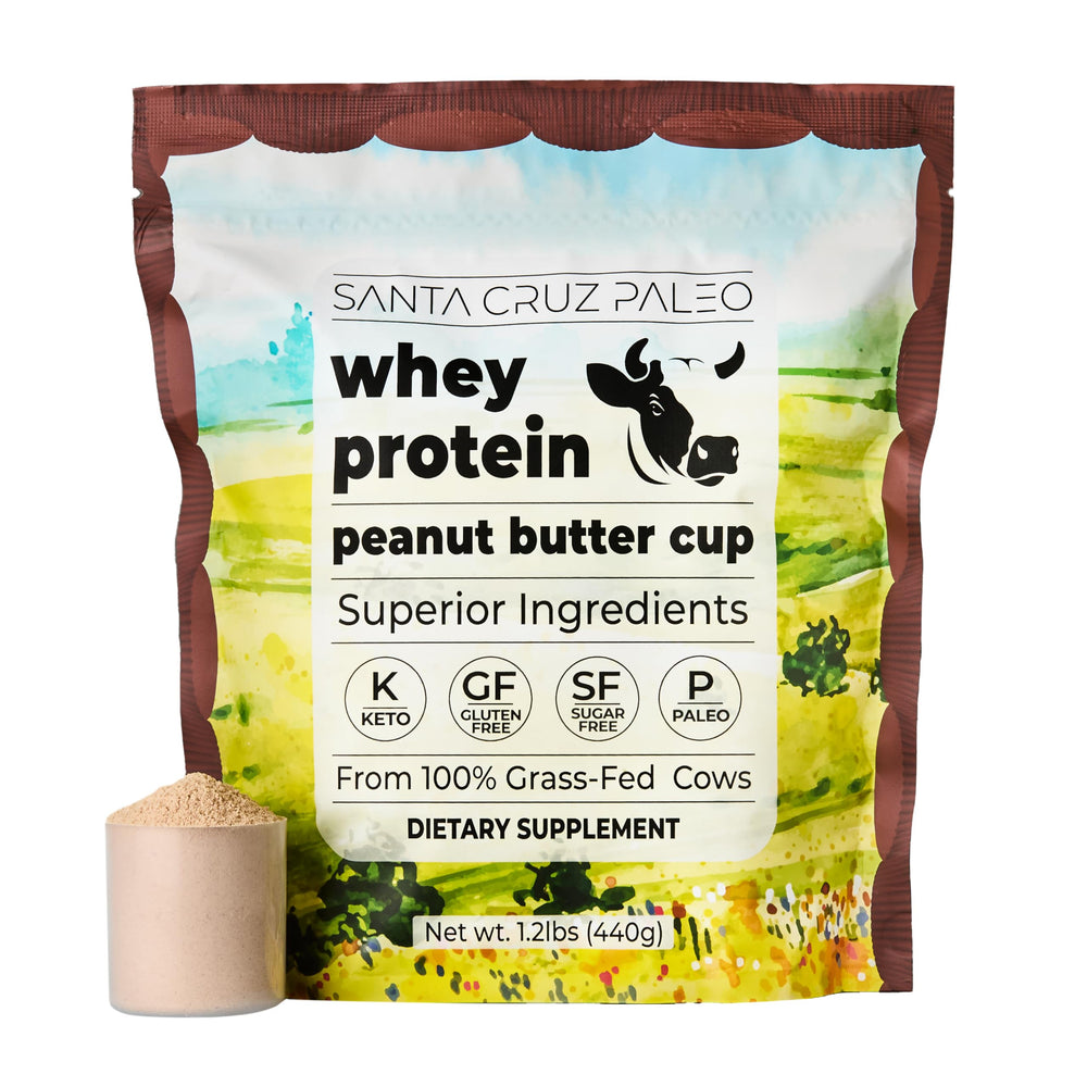 Santa Cruz Paleo Whey Protein Peanut Butter Cup scoop — clean fuel for workouts.