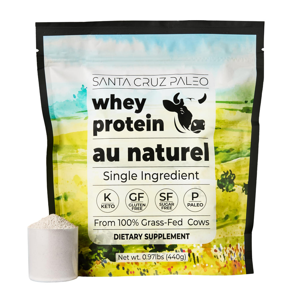 Santa Cruz Paleo Whey unflavored scoop demonstrating clean protein for shakes and baking