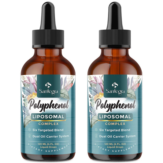 Santegra liposomal polyphenols bottle close-up highlighting antioxidant support.