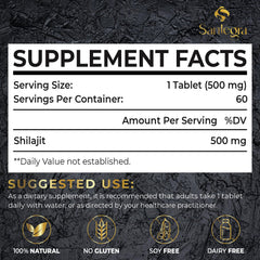 Santegra Shilajit tablets close up shows 500 mg potency and dosage.