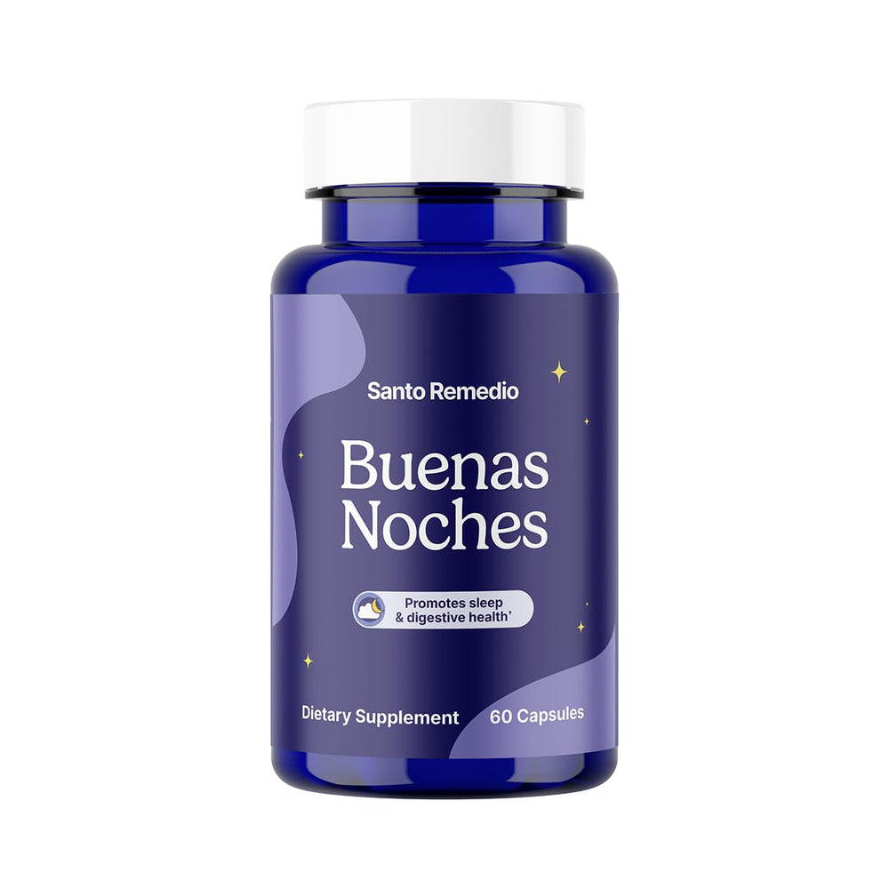 Santo Remedio Buenas Noches bottle label highlights Zylaria and melatonin for nighttime balance.