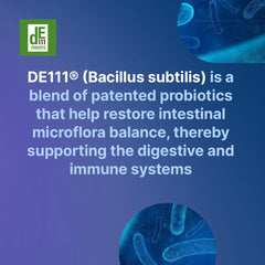 DE111 probiotics capsule detail on Santo Remedio Buenas Noches packaging showing digestion support.