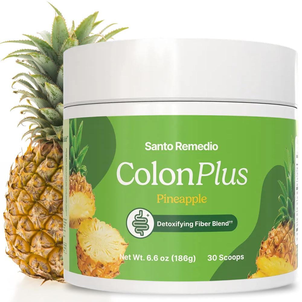 Santo Remedio Colon Plus bottle with pineapple label showing daily fiber support