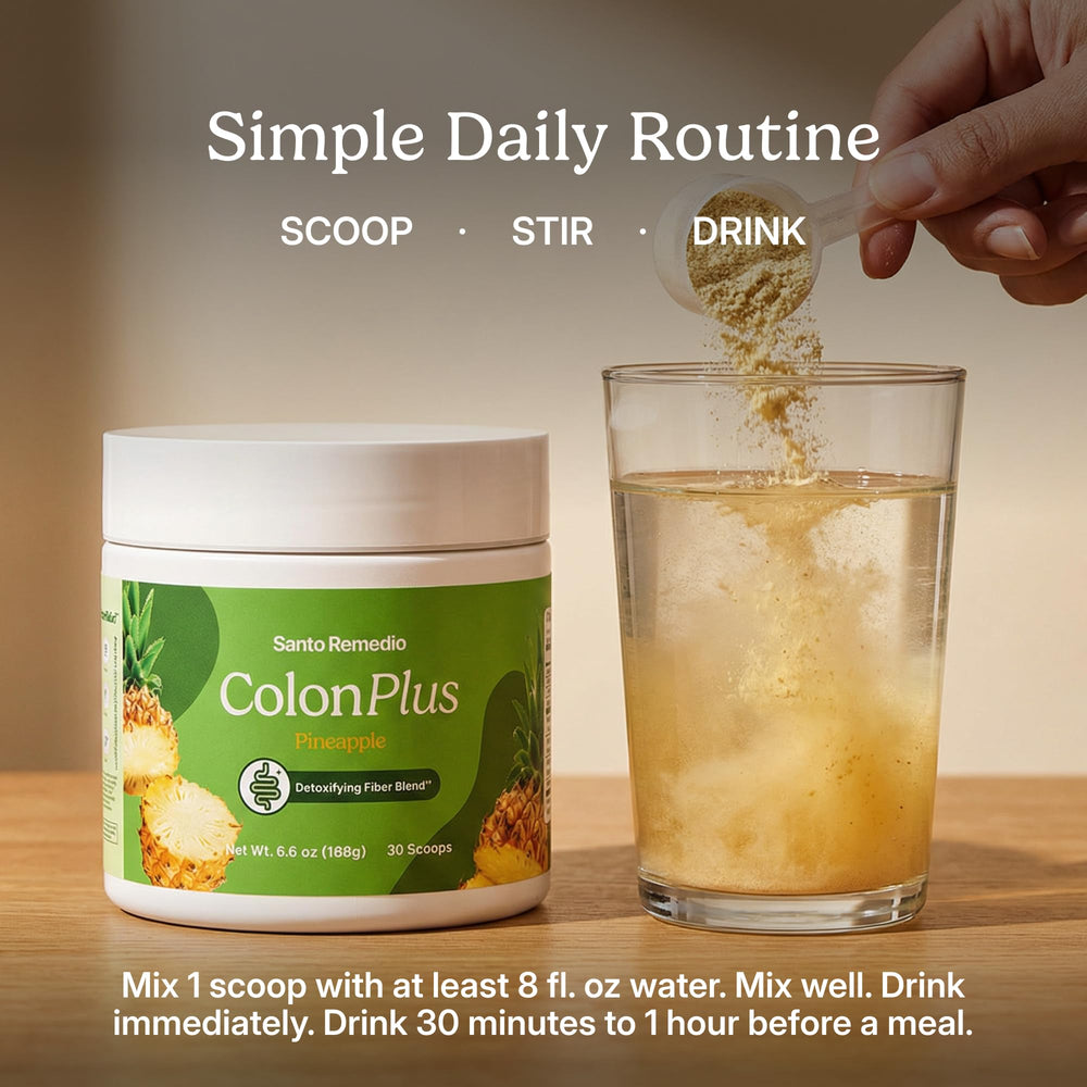 Pineapple-fruit beside Santo Remedio Colon Plus to highlight flavor