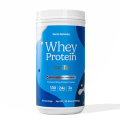 Santo Remedio Vanilla Whey Protein bottle shows premium vanilla flavor for post-workout recovery.