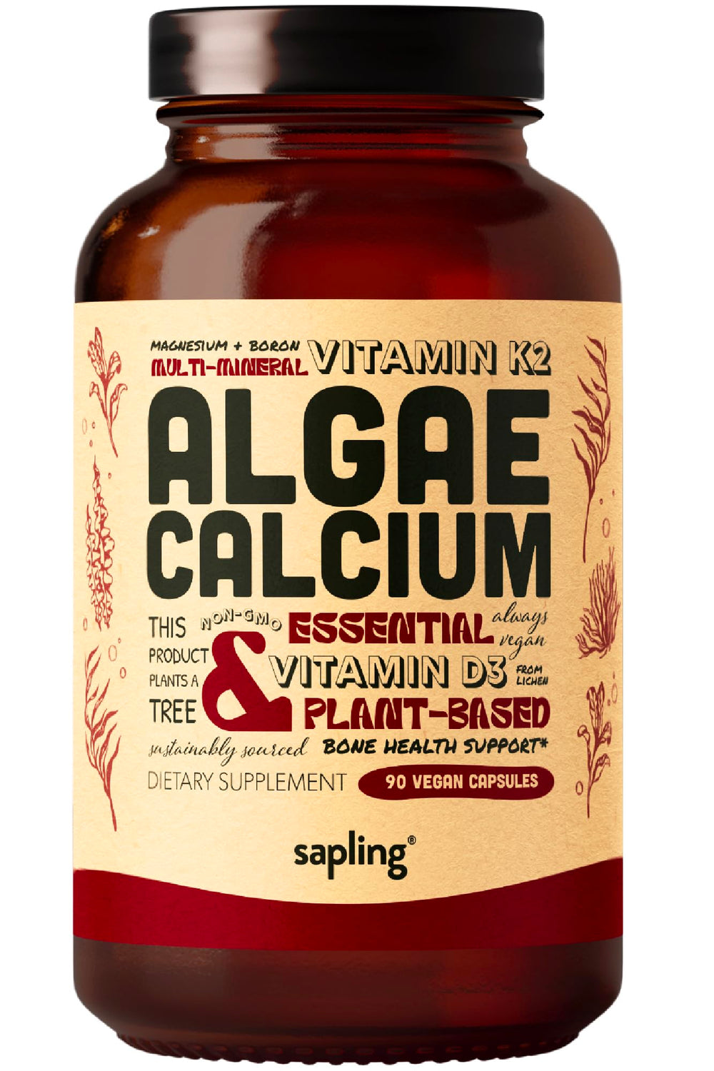 Sapling calcium supplement bottle front showing vegan red algae formula for bone support.