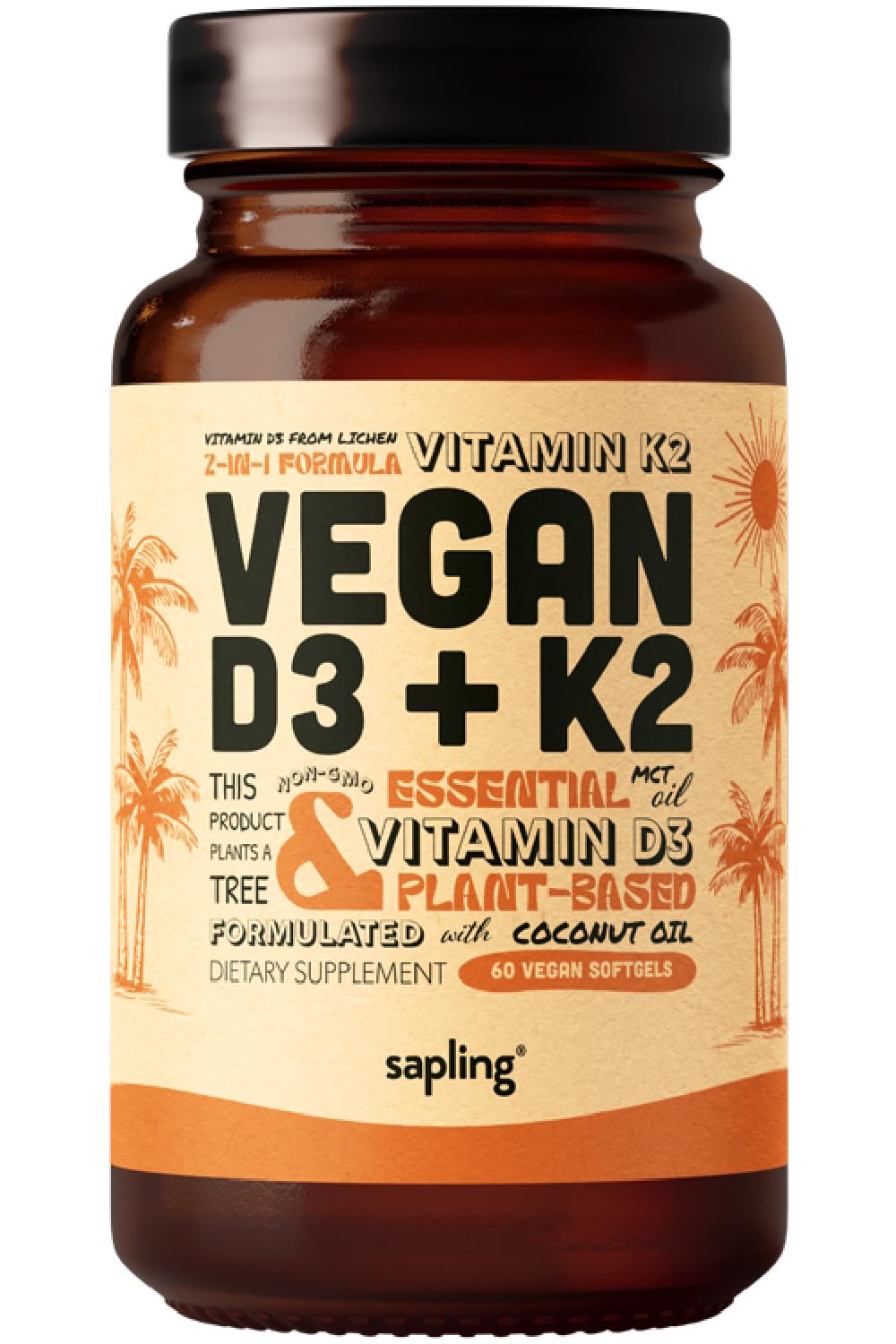 Sapling vegan D3 + K2 softgels bottle for daily bone support