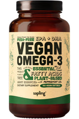 Sapling Vegan Omega-3 bottle front displaying algae-based DHA and EPA benefits.